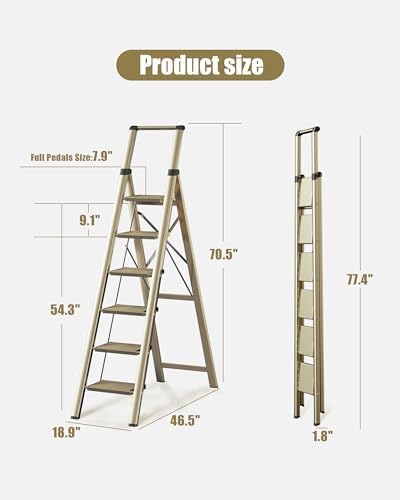 6 Step Ladder, Folding Step Stool with Handgrip and Anti-Slip Wide Pedal, Portable Lightweight Aluminum Stepladder for Kitchen, Home, Library, Office (300 lbs Capacity) - Gold