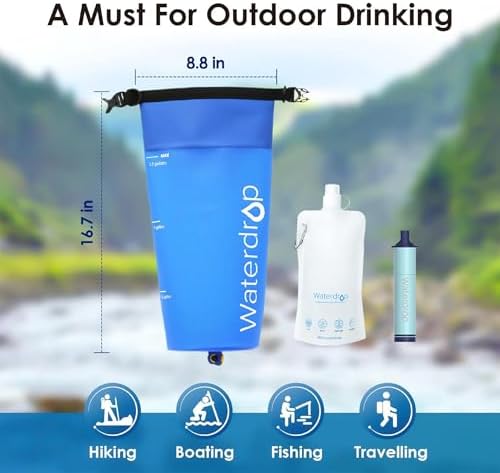 Waterdrop Gravity Water Filter Straw, Camping Water Filtration System, Water Purifier Survival for Travel, Backpacking and Emergency Preparedness, 1.5 gal Bag, 0.1 Micron, Light Blue