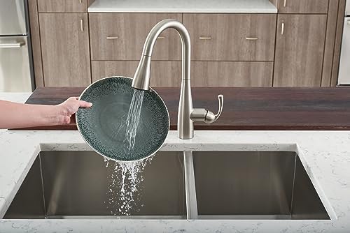 Moen Essie Spot Resist Stainless Pulldown Sprayer Kitchen Sink Faucet Set with Modern Pump Soap Dispenser, 87014SRS