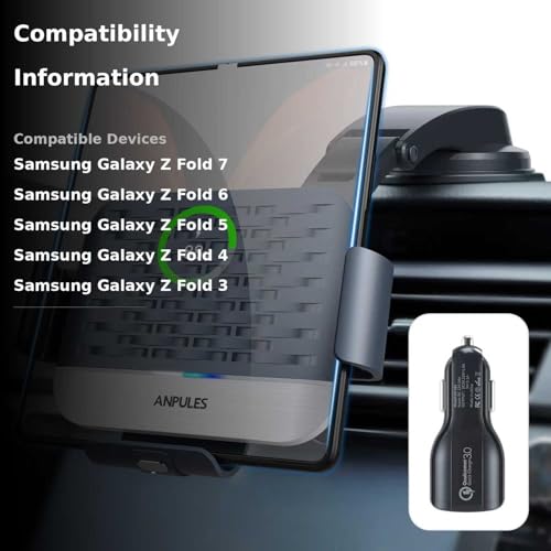 ANPULES Wireless Car Charger for Samsung Galaxy Z Fold 7/6/5/4/3, Dual Coils，Fast Charging Phone Car Mount for Christmas, Auto-Clamping Air Vent Dashboard Car Phone Holder for Galaxy Z Fold/Note