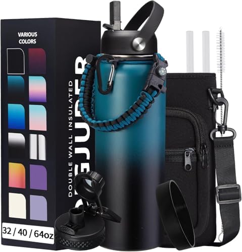 Vacuum Insulated Water Bottle 40oz - with Straw & Spout Lids, Paracord Handle, Shoulder Carrier Bag, Sport Stainless Steel,Double-Wall Metal Water Bottle Thermo Hydro Mug Flask