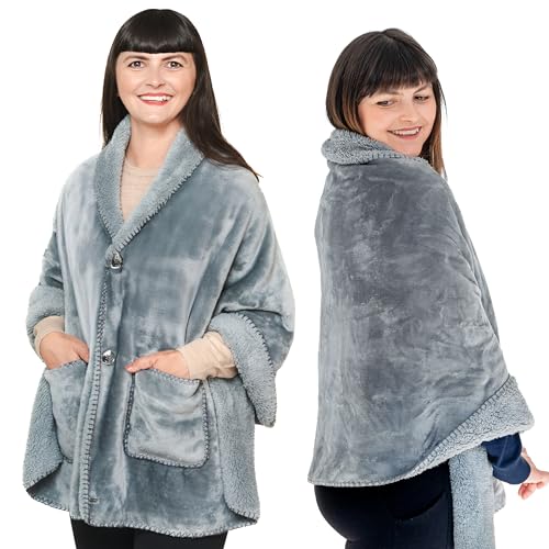 Premium Double Layer Poncho Blanket -No Sleeves Easy On Easy Off- Drape and Go- Top Christmas Gifts for Grandma, Gift for Mom and Elderly Women (Silver Grey)