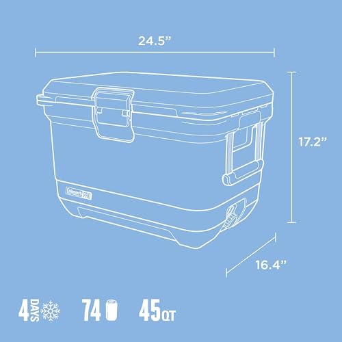 Coleman Pro 45qt Ultra-Light Premium Hard Cooler, Extra-Thick Insulation Keeps Ice up to 4 Days, 74-Can Capacity