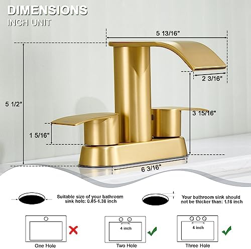 Ultimate Unicorn Bathroom Faucet for Sink Brushed Gold, 4 Inch Bathroom Sink Faucet for 3 Hole or 2 Hole, 2 Handle Waterfall Faucets with Pop up Drain, Centerset Faucets for RV Counter