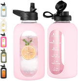 CIVAGO 64 oz Glass Water Bottle Jug with Straw and Handle, Half Gallon Sports Motivational Water Bottle with Time Marker, Wide Mouth Flask Canteen with Silicone Sleeve for Gym, Blush
