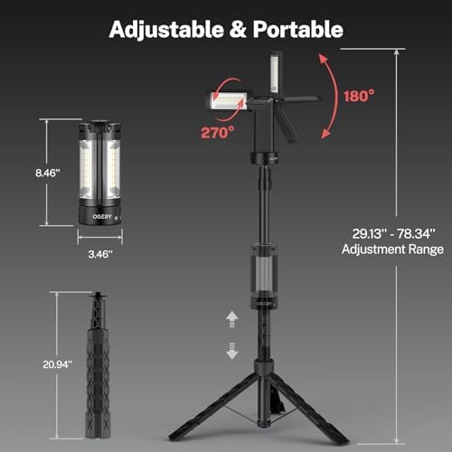 OGERY Rechargeable 10000mAh Camping Light with Stand 6.5 ft Max Height, Cordless Work Light with 3 LED Lamp Heads, 2200 Lumens Camping Essentials Gear Emergency Flashlight with Detachable Tripod