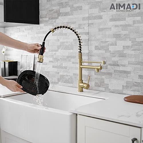 Brushed Gold Kitchen Faucet with Pull Down Sprayer, AIMADI Commercial Gold Kitchen Sink Faucet Single Handle Spring Two Nozzles Faucets
