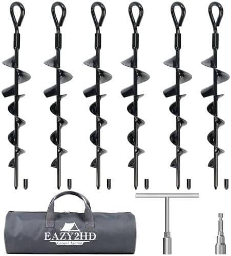 Eazy2hD 6 Pack Tent Stakes Heavy Duty, 15 Inch Ground Anchors Screw in, Metal High Winds Trampoline Stake with Nut and Tool, Spiral Anchor Kit for Camping, Swing Set, Mobile Home, Car Ports