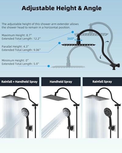 Hibbent 12'' All Metal Shower Head, High Pressure Rainfall Shower Head/Handheld Showerhead Combo/ 12'' Adjustable Curved Shower Extension Arm, 7-Spray, 71'' Hose, Showerhead Holder, Matte Black