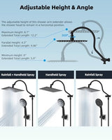 Hibbent 12'' All Metal Shower Head, High Pressure Rainfall Shower Head/Handheld Showerhead Combo/ 12'' Adjustable Curved Shower Extension Arm, 7-Spray, 71'' Hose, Showerhead Holder, Matte Black
