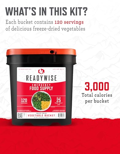 ReadyWise, 120 Servings, Vegetable Bucket, Broccoli, Sweet Corn, Green Beans, Peas, Freeze Dried, 20 Years Shelf Life, Emergency Food