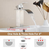 Fransiton Brushed Nickel Waterfall Bathroom Faucet Lavatory Single Handle 1 or 3 Hole Bathroom Sink Faucet Washbasin Faucet with Deck and Pop-up Drain