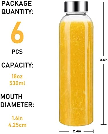 Sursip 18oz Glass Water Bottle Set of 6, Clear glass juice bottle for juicing，Reusable Drinking Bottles with Stainless Steel Lid，Beverage Storage Containers for Refrigerator-BPA Free，Leak Proof
