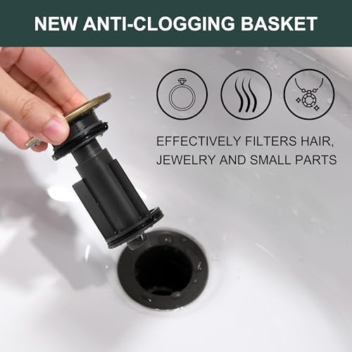 KENES Brushed Gold Pop Up Bathroom Sink Drain with Overflow Assembly with Strainer Lavatory Vanity Vessel Pop Up Drain Stopper