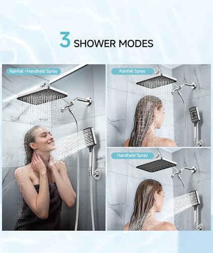 High Pressure Rain Shower Head with Handheld Spray Combo Set, Adjustable 12" Rainfall Dual Shower Head, Double&Tandem Shower Head, Waterfall Showerhead Bathroom -Silver Chrome