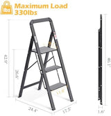 KINGRACK Aluminium 3 Step Ladder, Lightweight Step Stool with Non-Slip Pedals, Handrail, 330 LBS Foldable Step Ladder for Kitchen, Garage, Home, Space Saving, Sturdy and Portable, Black