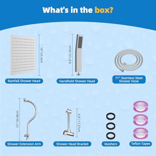 Hibbent All Metal Shower Head, 10'' High Pressure Rainfall Shower Head, Showerhead Combo, Handheld Shower Wand, 12'' Adjustable Curved Shower Extension Arm, 71'' Hose, Shower Head Holder, Chrome