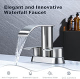 Ultimate Unicorn Waterfall Bathroom Sink Faucet Brushed Nickel, Two Handles Bathroom Faucet with Metal Pop up Sink Drain Stopper, Two Or 3 Holes Bathroom Basin Lavatory Mixer Tap with Deck Mount Plate
