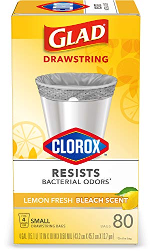 Glad Small Trash Bags 4 Gallon, Lemon Fresh Bleach Garbage Bags, Odor Resistant with Drawstring, 80 Count
