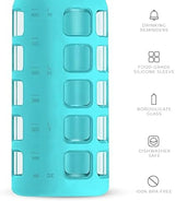 purifyou 40/32/22/12 oz Borosilicate Glass Water Bottles with Volume Markers, Silicone Sleeve, Stainless Steel Lid, Reusable Bottle for Water, Juice, Gym, and Fridge Storage (22oz Aqua Blue)