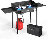ROVSUN 2 Burner Outdoor Propane Gas Stove with Regulator, Windpanel, Bag & Side Shelves, 150,000 BTU Powerful Stand Cooker for Backyard Cooking Camping Home Brewing Canning Turkey Frying