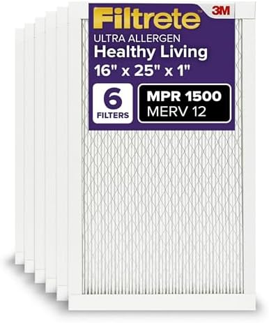 Filtrete 16x25x1 AC Furnace Air Filter, MERV 12, MPR 1500, CERTIFIED asthma & allergy friendly, 3 Month Pleated 1-Inch Electrostatic Air Cleaning Filter, 6-Pack (Actual Size 15.69x24.69x0.78 in)