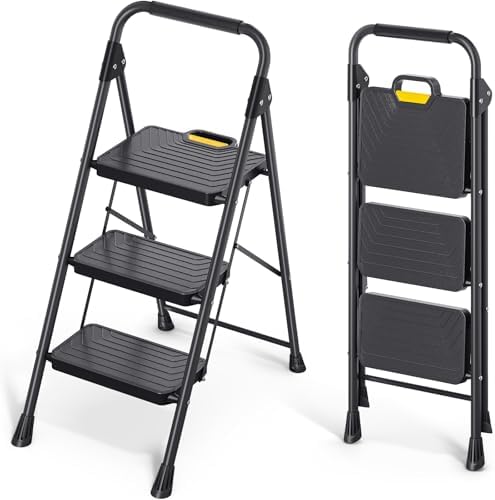 KINGRACK 3 Step Ladder, Sturdy Steel Step Stool with Anti-Slip Wide Pedals, Handrail, Safe-Lock Design, Pass 800lbs Load Testing, Folding Portable Ladder for Multi-Purpose, Home, Kitchen, Black