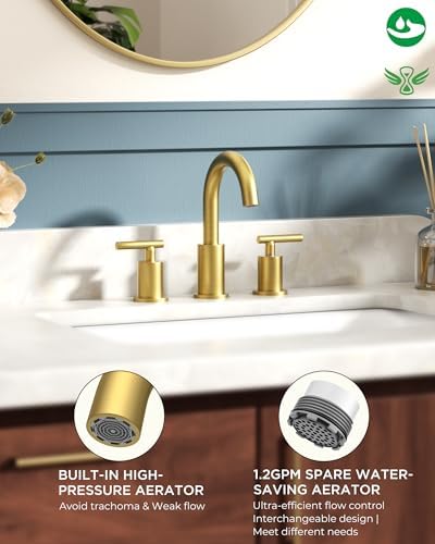 FORIOUS 8 Inch Widespread Brushed Gold Bathroom Faucet 3 Hole, 2 Handle Gold Sink Faucet Bathroom Vanity with 360 Degree Swivel Spout, with Metal Pop Up Drain and cUPC Supply Line, for 6 to 12 In Sink