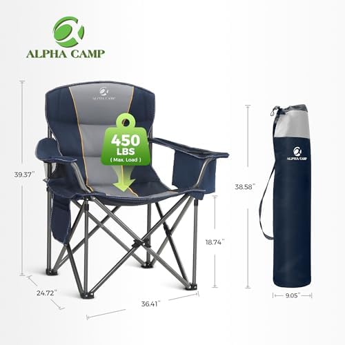 ALPHA CAMP Oversized Camping Folding Chair Heavy Duty with Cooler Bag Support 450 LBS Steel Frame Collapsible Padded Arm Quad Lumbar Back Chair Portable for Lawn Outdoor,Blue