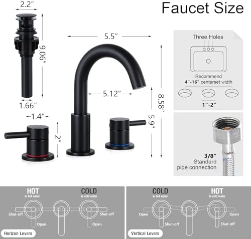 FGKQ Black Bathroom Faucet for Sink 3 Hole, Bathroom Sink Faucet with Pop Up Drain, 8 Inch Widespread Vanity Faucet 3 Hole, 360° Swivel Two Handle with Supply Lines