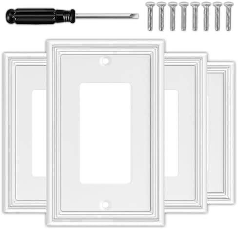 White Decorative Single Decorator Switch Covers Wall Plate, Natural Material Rocker Switch Plates Outlet Covers for Receptacle, GFCI Outlet, Dimmer - Modern Style (1 Gang Decorator 4 Pack)