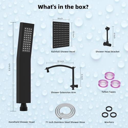 Hibbent All Metal 10'' Rainfall Shower Head, Dual Shower Head Combo, High Pressure Handheld Shower Wand, 16'' Adjustable Arc-shaped Shower Extension Arm, 71'' Hose, Showerhead Holder, Matte Black
