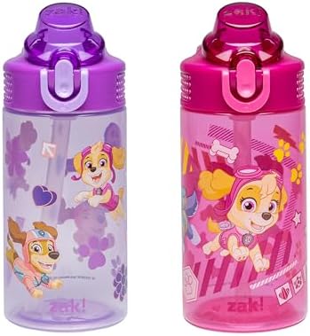 Zak Designs PAW Patrol Sage Kids Water Bottle For School or Travel, 16oz Durable Plastic Water Bottle With Straw, Handle, and Leak-Proof, Pop-Up Spout Cover, 2-Pack Set (Skye & Friends)