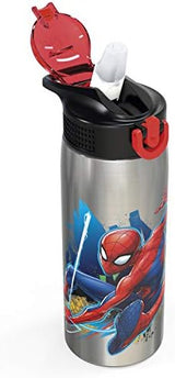 Zak Designs 27oz Marvel 18/8 Single Wall Stainless Steel Water Bottle with Flip-up Straw and Locking Spout Cover, Durable Cup for Sports or Travel (27oz, Spider-Man)
