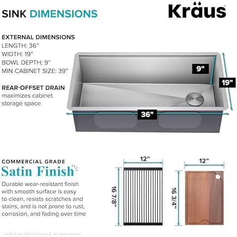 KRAUS Kore 36-Inch Undermount Workstation 16 Gauge Single Bowl Stainless Steel Kitchen Sink with Accessories, KWU110-36