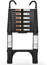 Telescoping Ladder, SocTone 12.5 FT Aluminum Lightweight Extension Ladder with 2 Triangle Stabilizers, Heavy Duty 330lbs Max Capacity, Collapsible Ladder with Hooks for RV or Outdoor Work
