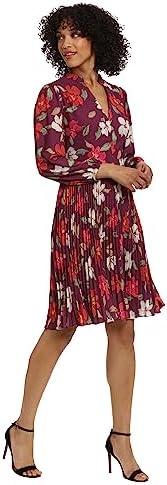 Maggy London Women's V-Neck Pleated Skirt Dress Career Workwear Desk to Dinner Event Party Guest of