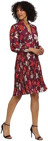 Maggy London Women's V-Neck Pleated Skirt Dress Career Workwear Desk to Dinner Event Party Guest of
