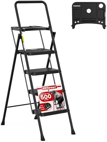 HBTower Step Ladder, Folding Step Stool with Wide Anti-Slip Pedal, Sturdy Steel Ladder, Convenient Handrail, Lightweight, Portable Steel Step Stool
