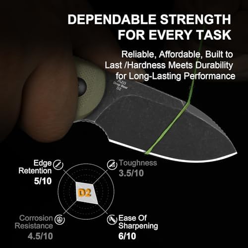 Kizer Drop Bear Fixed Blade Knife, 2.57" Black Stonewash D2 Blade EDC Camping Knife with Olive Green G10 Handle & Hidden Tool, Full Tang Hunting Survival Knives with Adjustable Kydex Sheath, 1094M1