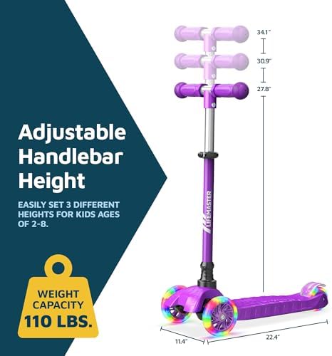 Kids Scooter – Children and Toddler 3 Wheel Kick Scooter – LED Wheel Lights Illuminate When Rolling– Adjustable Handlebar – Indoor and Outdoor