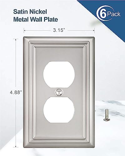 6-Pack Duplex Wall Plate, Decorative Satin Nickel Outlet Cover, Metal Wall Plates for Electrical Outlets, 3.15''*4.88'', Midsize
