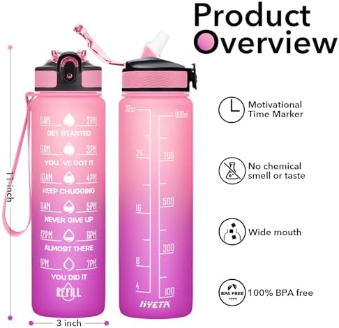Hyeta 32 oz Water Bottles with Times to Drink and Straw, Motivational Water Bottle with Time Marker, Leakproof, Drinking Sports Water Bottle for Fitness, Gym and Outdoor