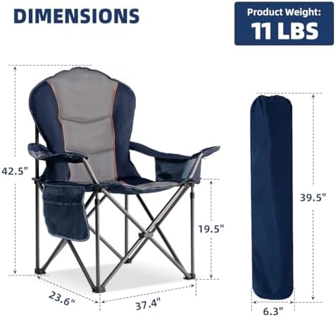 Oversized Camping Chair Heavy Duty 500LBS - Folding Outdoor Chair with Cooler Bag, Storage Pockets, Portable Collapsible Lawn Chairs for Adults (Blue & Gray)
