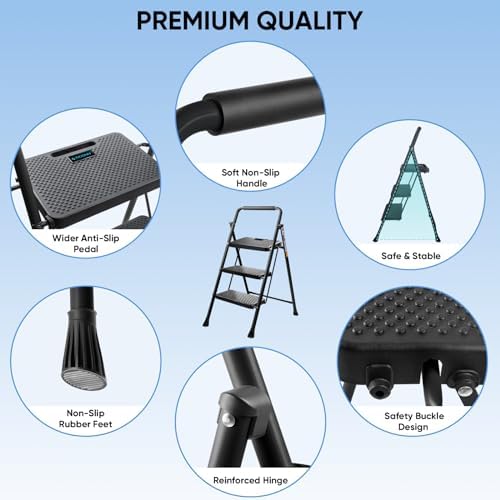 TICONN 3 Step Ladder, Heavy Duty Foldable Step Stool, Portable Steel Folding Stool for Household Garage Storage (Black)