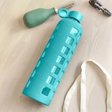 purifyou 40/32/22/12 oz Borosilicate Glass Water Bottles with Volume Markers, Silicone Sleeve, Stainless Steel Lid, Reusable Bottle for Water, Juice, Gym, and Fridge Storage (32oz Aqua Blue)