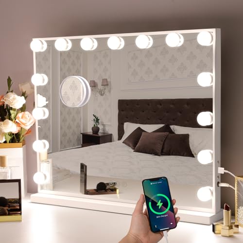 Hansong Vanity Mirror with Lights, 22''x18'' Hollywood Mirror, Makeup Mirror with 15 Dimmable Bulbs, 10X Magnification and USB Charging Port, White