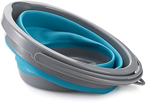 Bekith 2 Pack Collapsible Plastic Bucket with Locking Lid, 5L / 1.32 Gallon Foldable Round Tub Portable Fishing Water Pail for Hiking, Backpacking, Camping and Outdoor Survival (Blue, Gray)