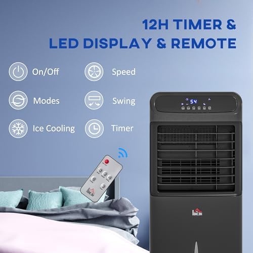 HOMCOM 32" Evaporative Air Cooler, 60° Oscillating, 3-In-1 Ice Cooling Fan, Portable Swamp Cooler with Humidifier, Water Tank for Home Office, 3 Modes, 3 Speeds, 12H Timer, Remote, Black