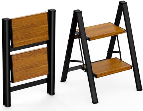 HBTower 2 Step Stool,Lightweight Aluminum Folding Step Stool with Anti-Slip Wide Pedal,330lbs Capacity 2 Step Ladder for Household,Kitchen,Office - BlackWoodgrain